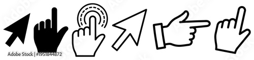 Mouse cursor and pointer hand icon set, web click and navigation arrow silhouettes, digital interface elements for website and app design