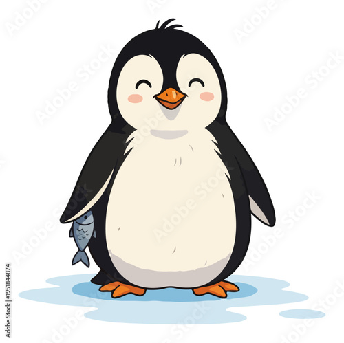 Cute penguin cartoon character with fish on ice, happy arctic animal mascot illustration for kids, friendly penguin silhouette isolated on white