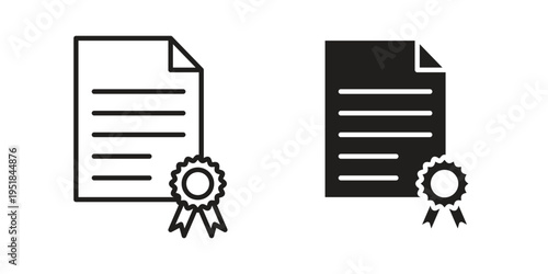 License document icon set in black outline and fill. Editable icons