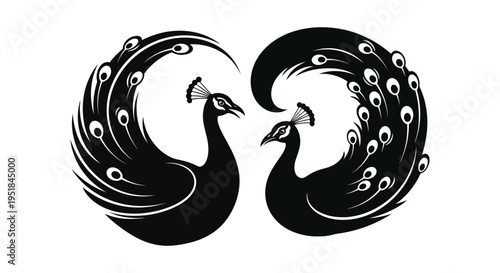 Two peacocks facing each other with ornate tail feathers displayed in a striking black silhouette high quality professional detailed modern elegant