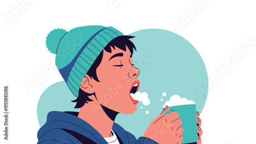 Person in a winter hat and jacket drinking a hot beverage on a cold day with steam rising and breath visible in the chilly air.