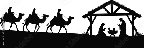 Nativity scene silhouette illustration, baby in manger with Mary and Joseph under stable, Three Wise Men on camels approaching, Christmas theme, vector art, black isolated bold desig