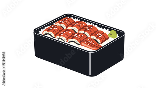 Traditional japanese unajyu grilled eel served over a bed of white rice in a black lacquered square box with wasabi garnish.