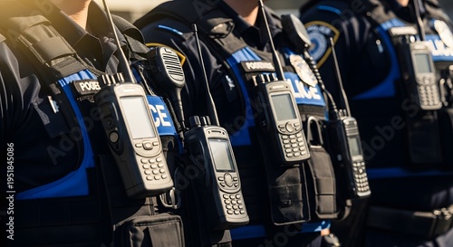 Police officers wearing radios on their vests