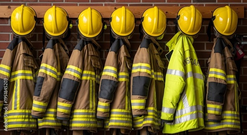 Firefighter gear hanging on a wooden rack