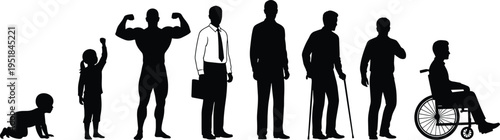 Set of silhouettes of men in different life stages, from baby crawling to elderly with cane and person in wheelchair.