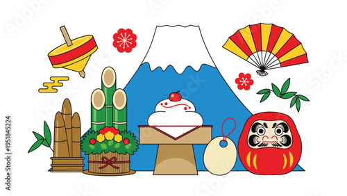 Collection of traditional japanese new year symbols including mount fuji daruma doll kadomatsu and mochi for seasonal celebrations.