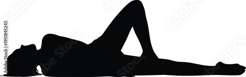 Person silhouette illustration, lying on back with bent knee and extended leg, relaxed posture theme, vector art, black isolated bold design for creative visuals