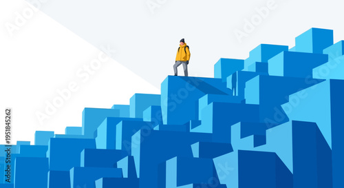 Visionary executive reaching the pinnacle of market dominance on data-driven geometric peaks