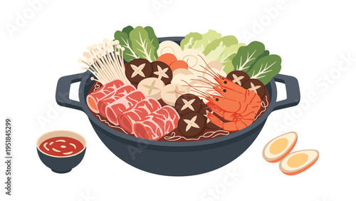 Delicious japanese sukiyaki or shabu-shabu hot pot with sliced beef shrimp mushrooms tofu and vegetables in a savory dark broth.
