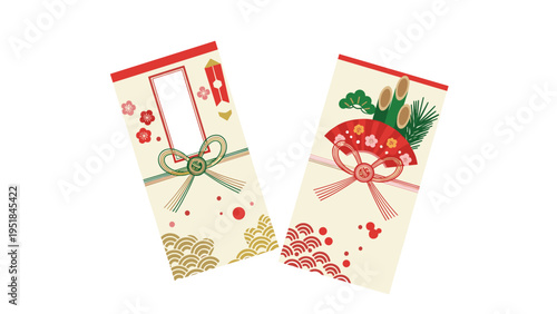 Two traditional japanese new year money gift envelopes called otoshidama decorated with seasonal flowers fans and pine branches.