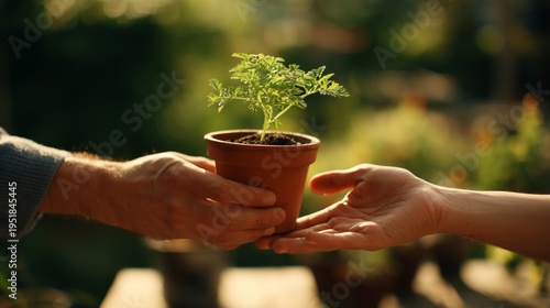 hands exchanging potted plant closeup natural sunlight giving concept