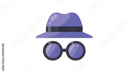 Fedora hat and round spectacles icon with purple tint, representing disguise or anonymity and mystery.