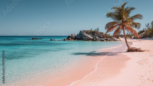 pink sand beach with palm tree and clear blue sea tropical scene