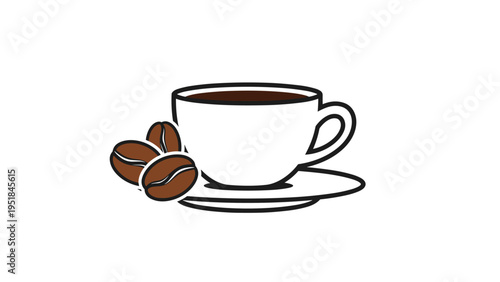Simple white cup of hot black coffee on a saucer with three roasted coffee beans beside it for morning refreshment concepts.