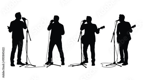 Four musicians performing on stage with microphones