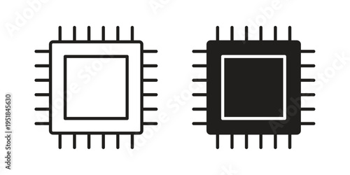 Microchip icon set in black outline and fill. Editable icons