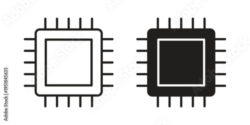 Microchip icon set in black outline and fill. Editable icons