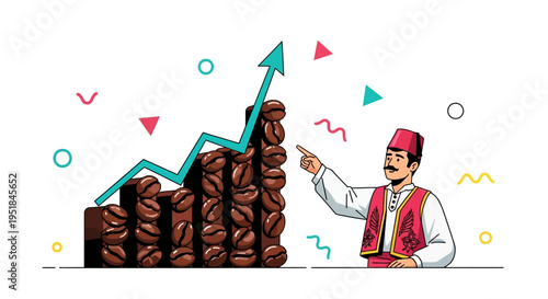 Global coffee market growth and economic success symbolized by a Turkish business professional presenting a rising commodity price chart