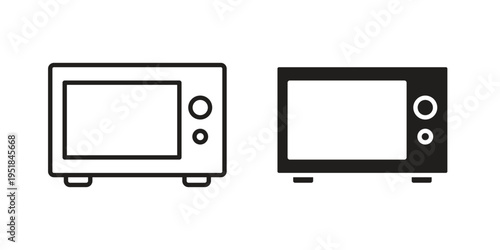 Microwave icon set in black outline and fill. Editable icons