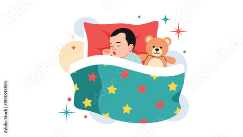 Cute baby peacefully sleeping in a bed with a red pillow colorful star patterned blanket and a friendly brown teddy bear.