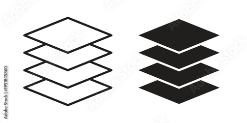 Multiple Layers icon set in black outline and fill. Editable icons