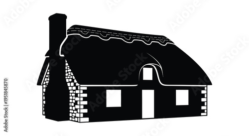 A stark black silhouette of a quaint cottage with a thatched roof and brick chimney a rural scene silhouette high quality