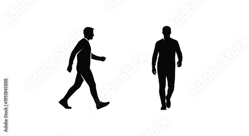 Two men walking one gesturing presented in a stark silhouette