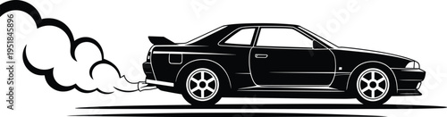 Sports car silhouette illustration, dynamic side view with alloy wheels, rear spoiler, and exhaust smoke effect, automotive racing theme, vector art, black isolated bold design