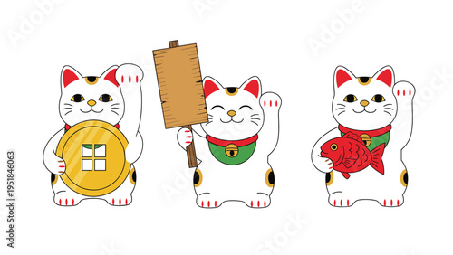 Three traditional japanese maneki-neko beckoning cats holding a lucky coin a wooden sign and a red fish for good fortune and luck.