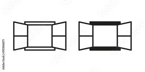 Open window icon set in black outline and fill. Editable icons