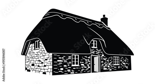 A detailed black and white silhouette of a charming thatched roof cottage with stone walls and a chimney silhouette high quality professional modern elegant