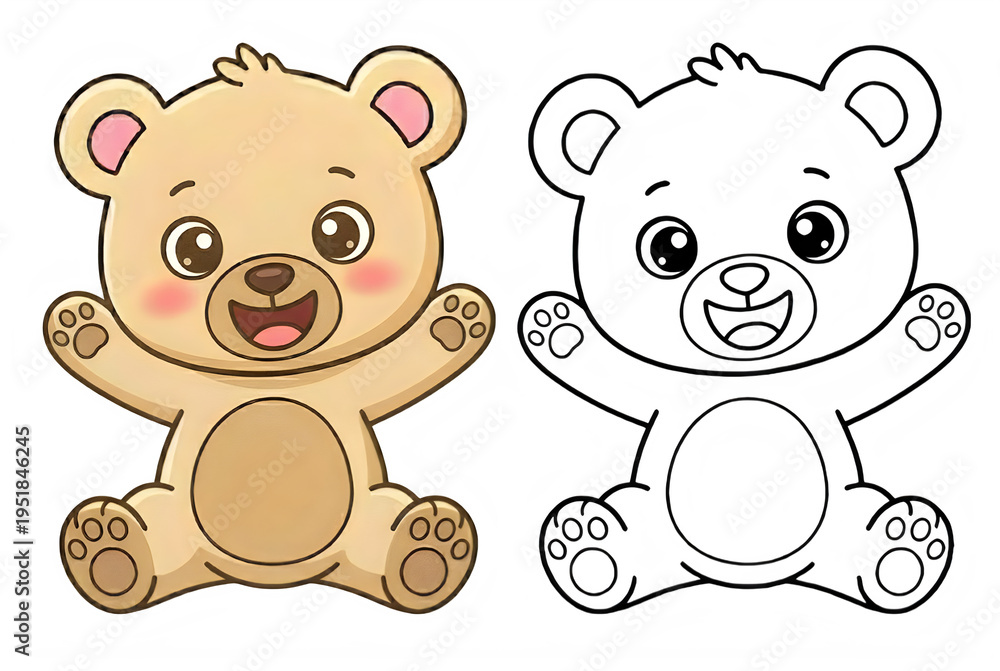 Naklejka premium Playful brown bear and outlined bear cubs sitting with paws up, smiling and looking friendly, in a colorful children's book illustration style, isolated on transparent background.