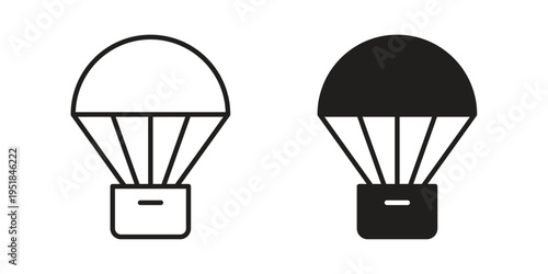 Parachute icon set in black outline and fill. Editable icons