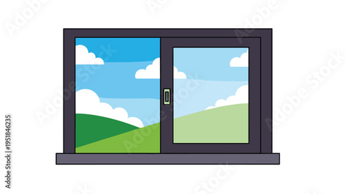 Simple view through a dark framed sliding window of green hills and a bright blue sky with fluffy white clouds on a sunny day.