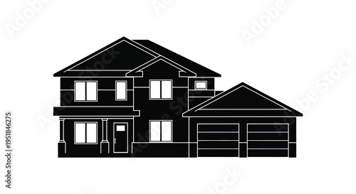 A black silhouette of a two story suburban house with a garage and simple architectural details silhouette high quality professional detailed modern