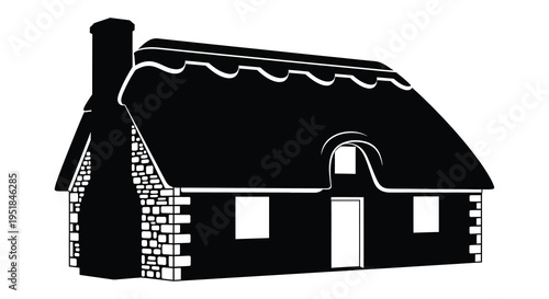 A charming simple cottage with a thatched roof and stone wall detail is presented as a black silhouette high quality professional