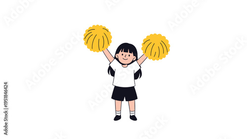 Young girl cheerleader in a white shirt and black shorts holding large yellow pom-poms up in the air with a happy smile on her face.