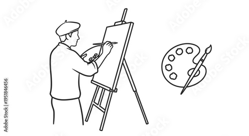 Artist painting at an easel with palette a striking silhouette