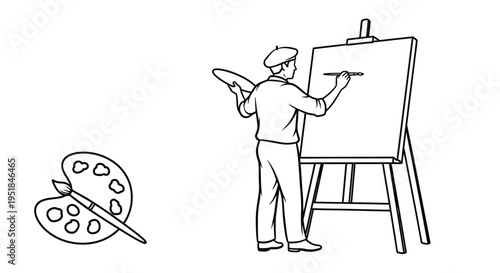 Artist painting at an easel with a palette clean black silhouette
