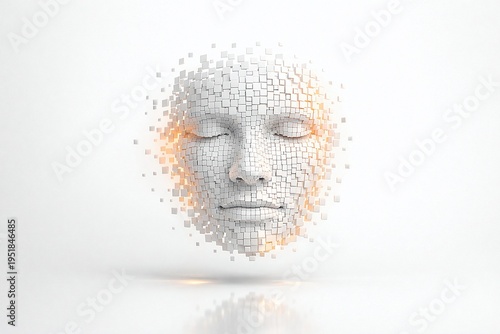 floating human face hologram formed by tiny matte white square particles with subtle translucent layers, minimal soft shadows and reflections, warm light accents with soft orange highlights