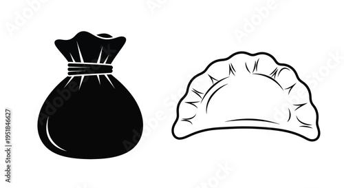 Black and white illustration of a dumpling and money bag silhouette
