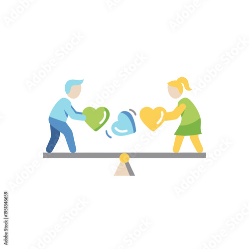 Man and woman balancing hearts on a scale illustration