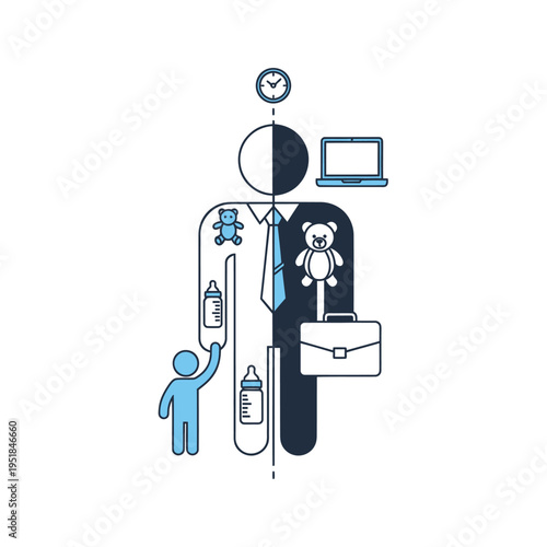 Man balancing career and family life responsibilities concept icon