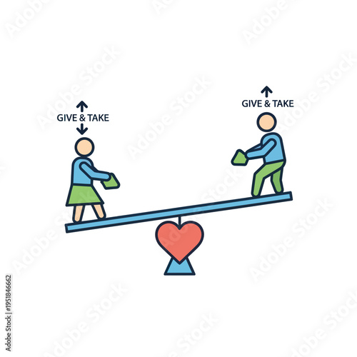 Man and woman on seesaw illustrating give and take concept