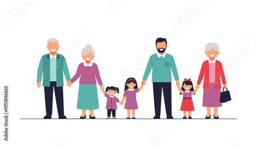Large diverse family including grandparents parents and children holding hands and standing together in a line on a white background.