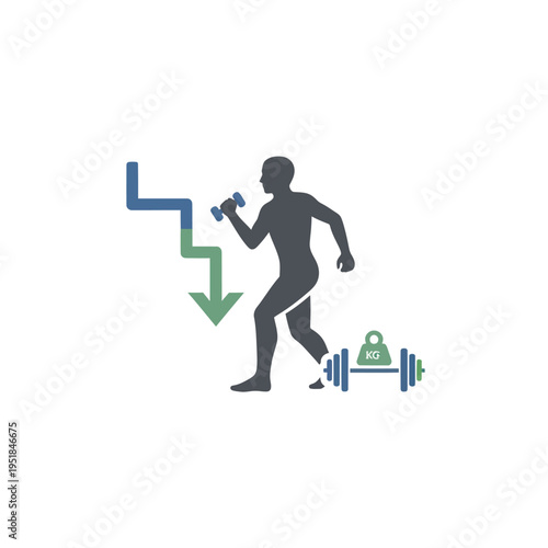 Man exercising with dumbbell, weight loss concept with downward arrow