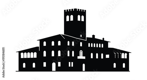 A striking black silhouette of a medieval castle with multiple towers and detailed architectural features silhouette high quality professional modern elegant