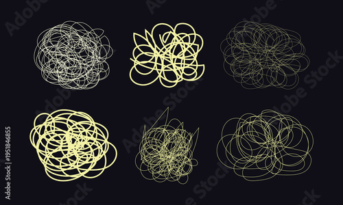 Abstract Scribble Line Circles Set Dark Background Hand Drawn Chaos Loop Shapes Vector Collection