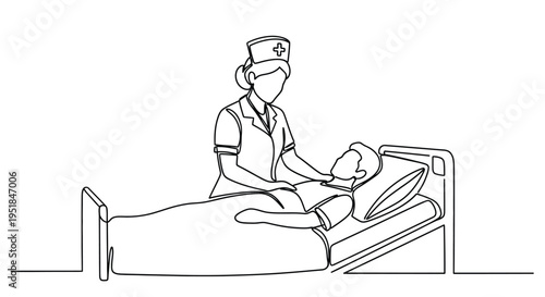 Nurse tending to patient in hospital bed continuous line silhouette